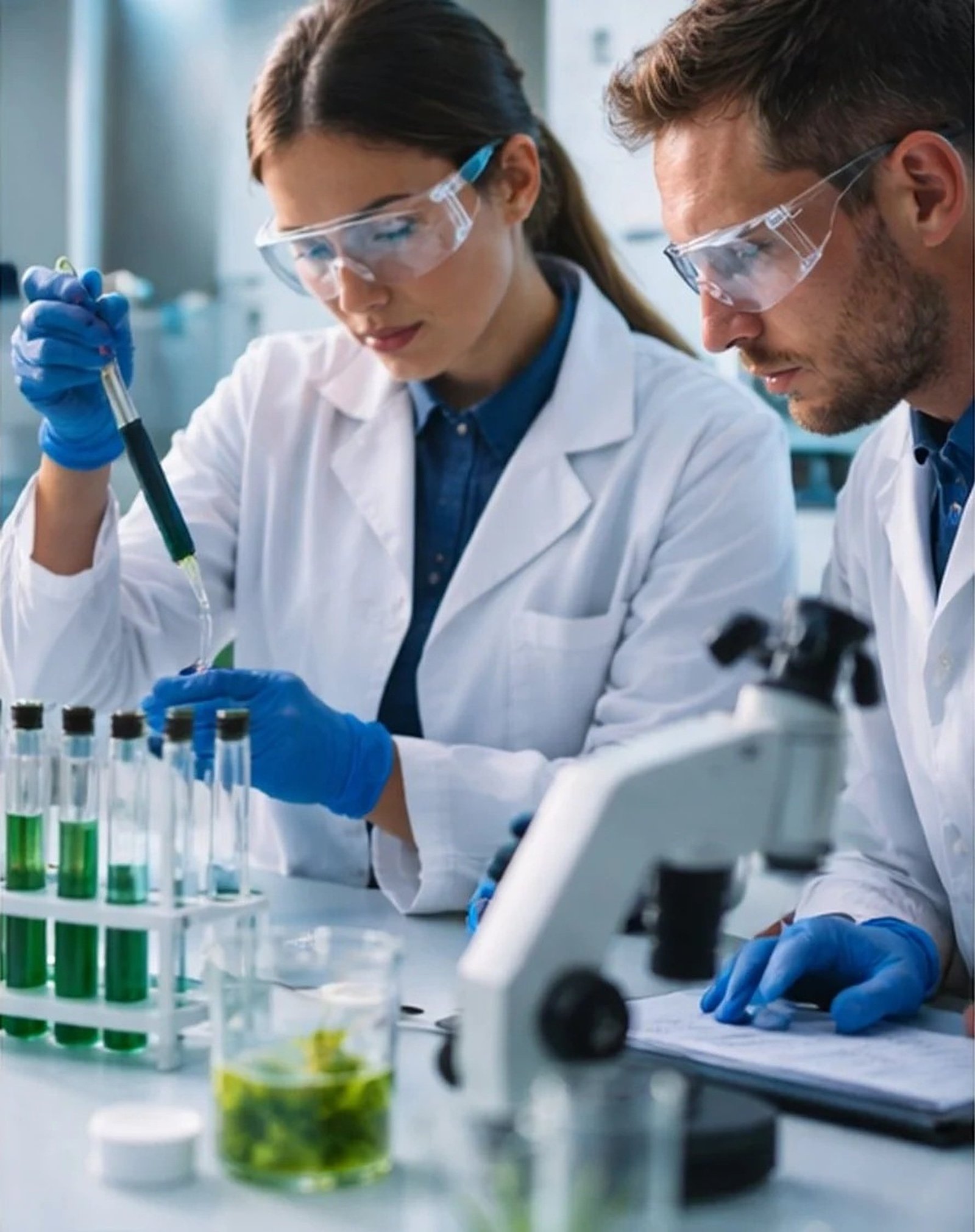 Environmental scientists analysing water samples